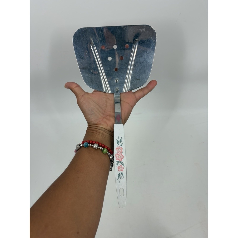 Vintage Stainless Steel Wide Spatula Turner Pink Floral Handle USA Retro Kitchen